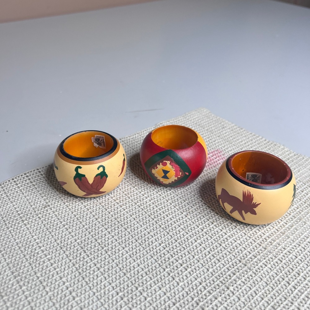 Vintage Hand Painted Wood Napkin Rings Set 3 Southwest Moose Chili Pepper India‎